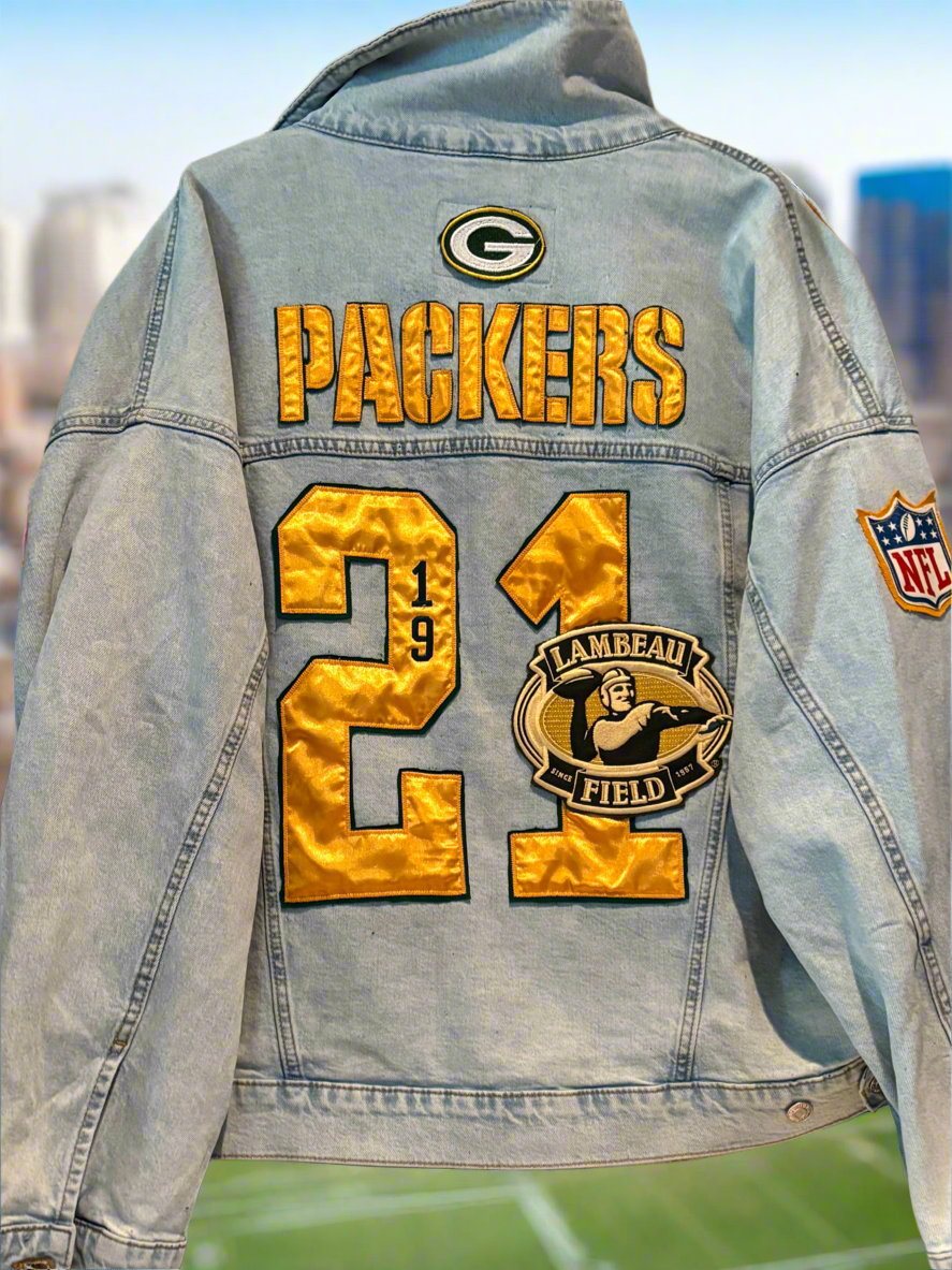 Reworked Packers Retro oversized Game Day Denim Jean Jacket