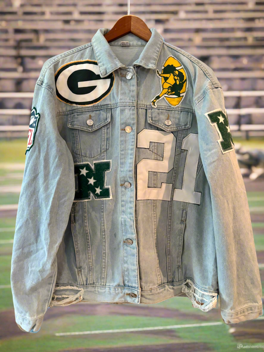Reworked distressed Game Day Denim Jean Jacket