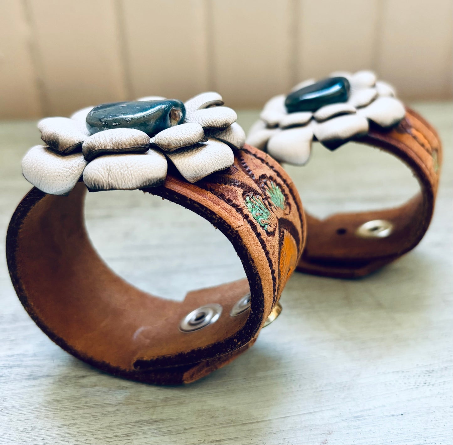 Hand Tooled Reclaimed Leather Flower Bracelet