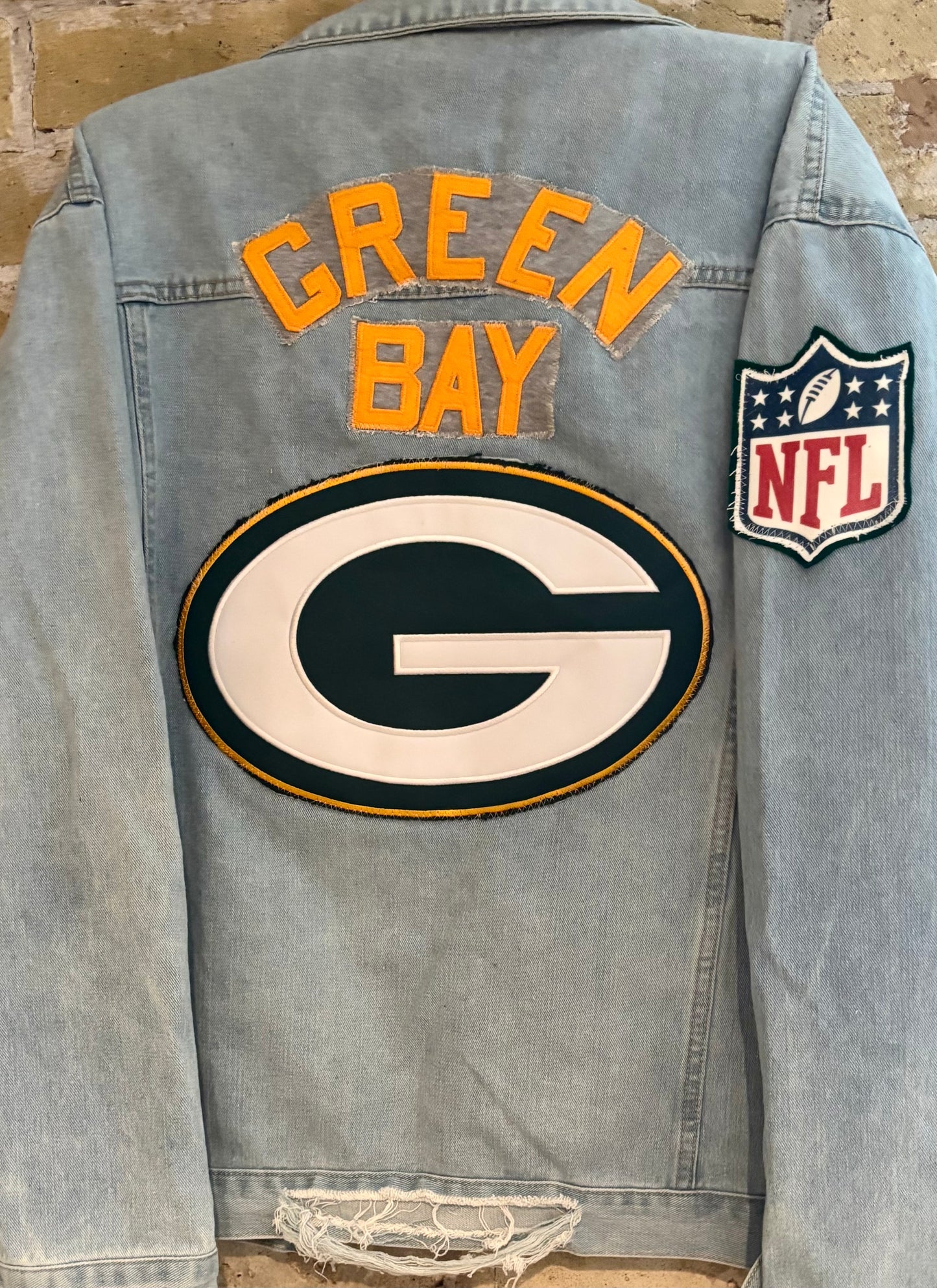 Reworked oversized distressed Game Day Denim Jean Jacket