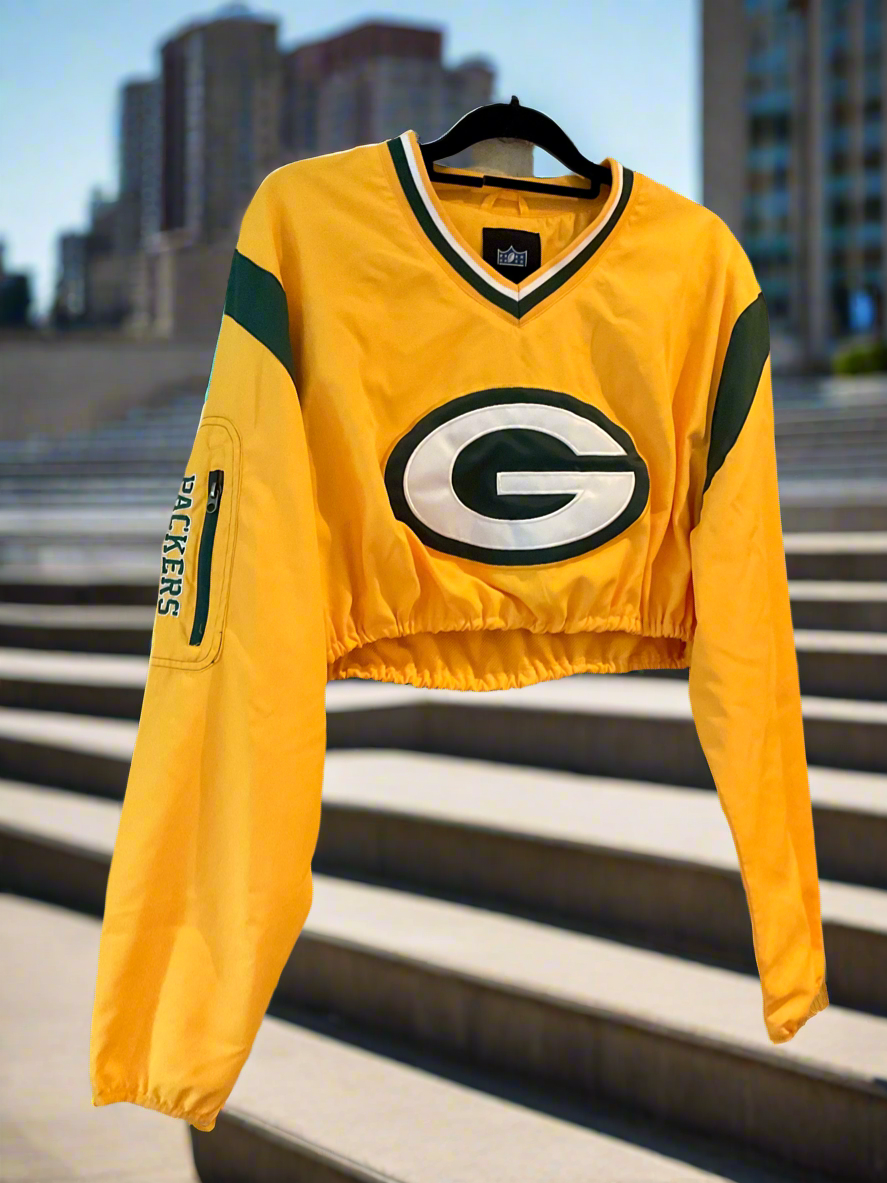 Vintage Green Bay Packers V Neck Cropped Windbreaker