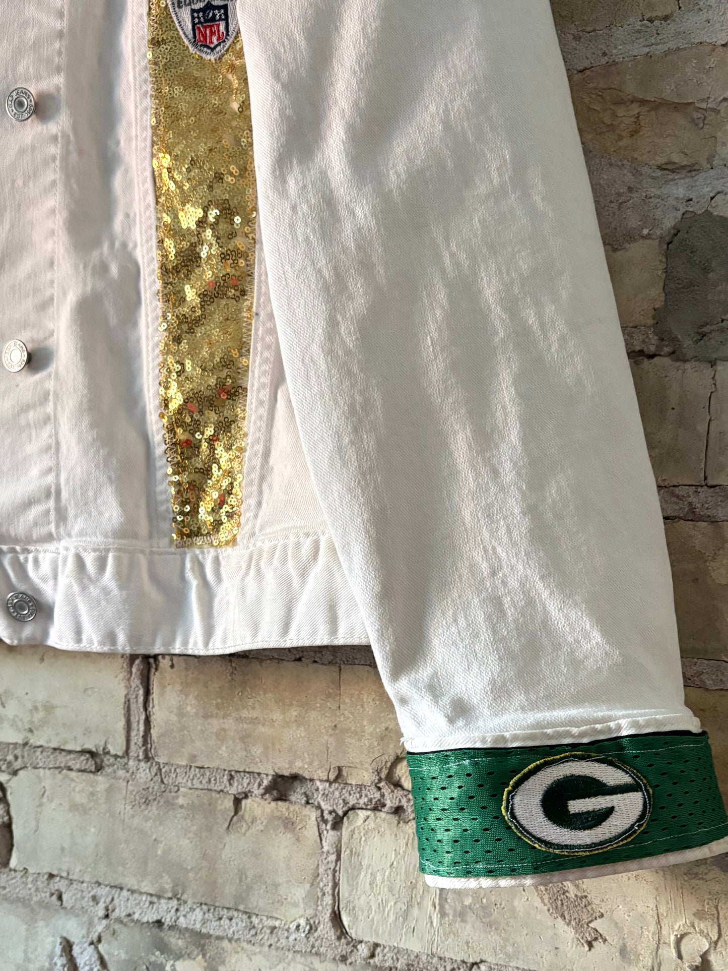 Reworked Packers Stretch Denim Game Day Sequins Jacket