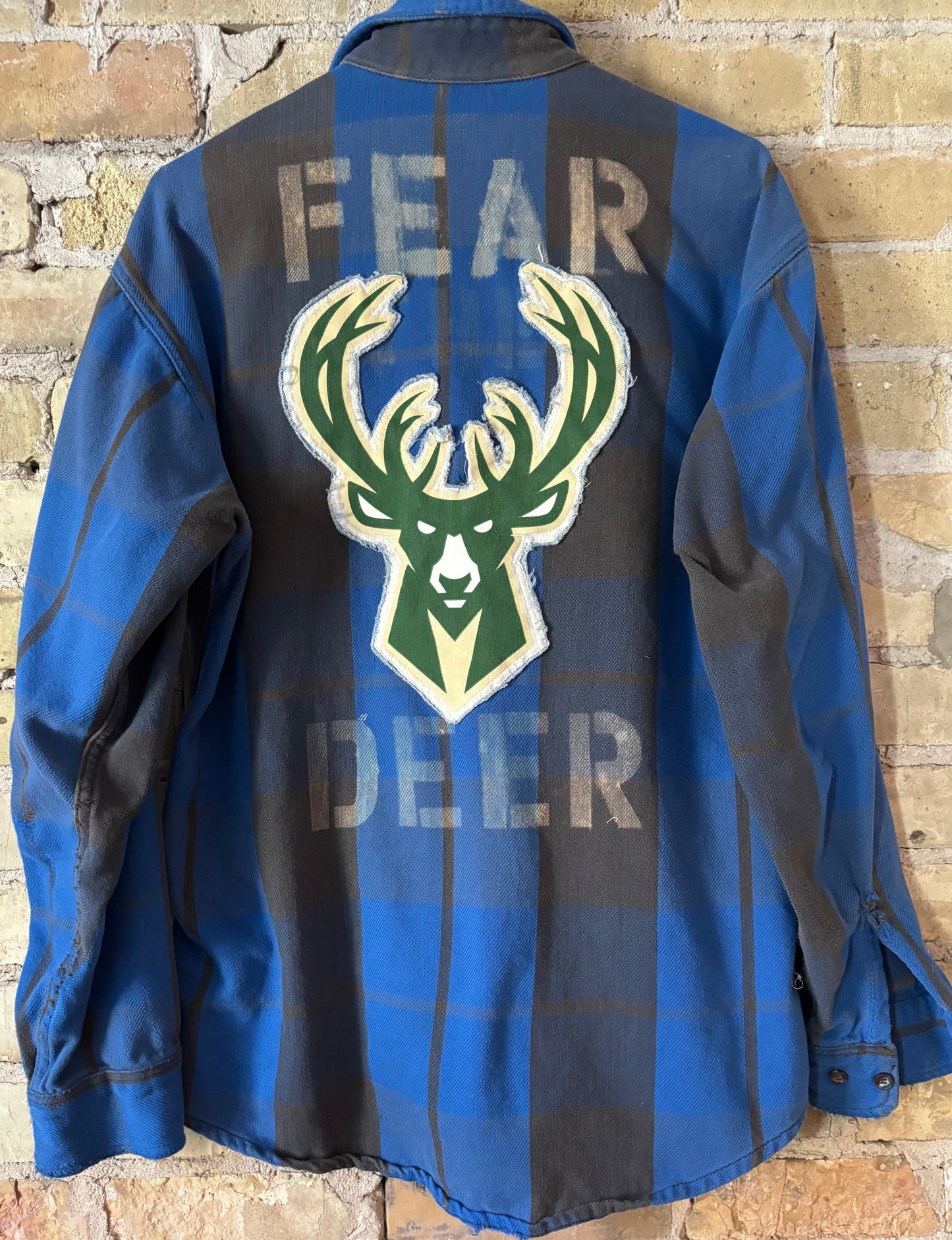 Reworked Bucks Distressed Game Day Flannel Shirt