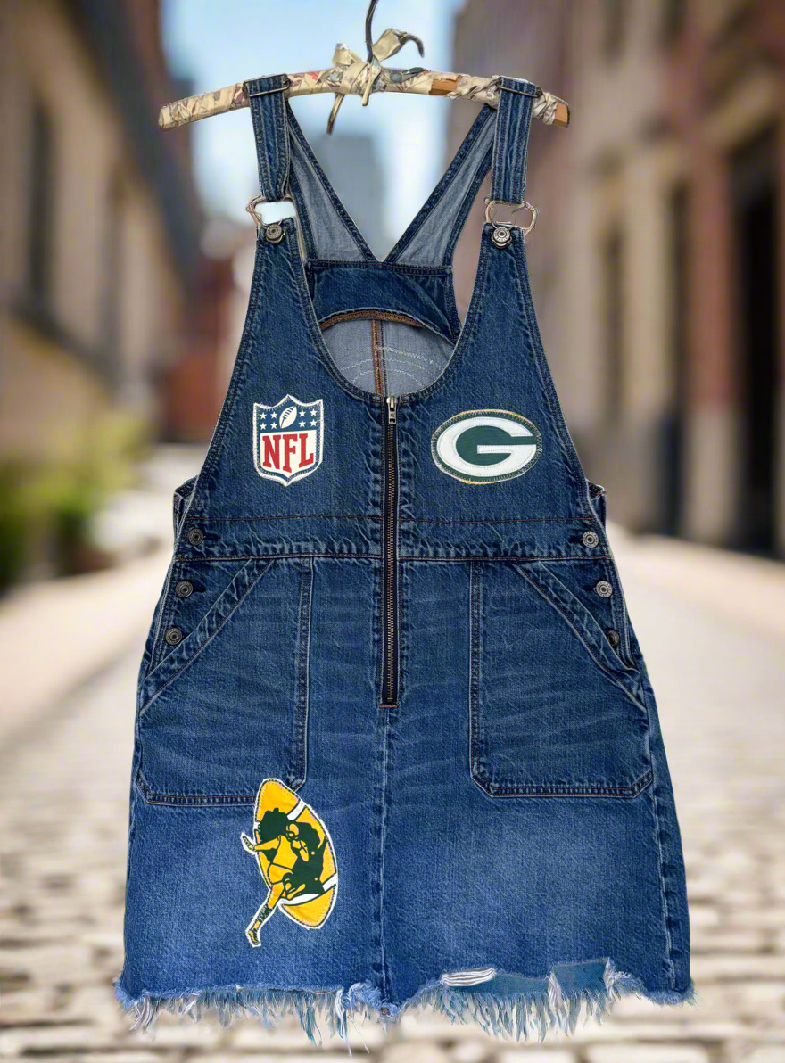 Reworked Distressed Denim GameDay Bib Overalls Dress