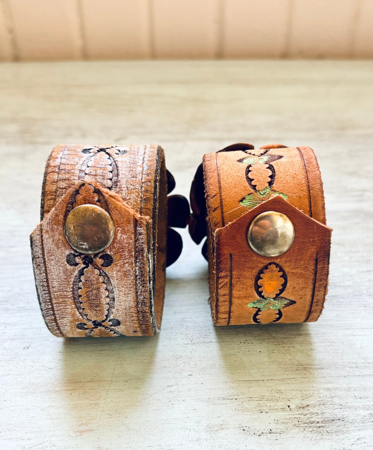 Hand Tooled Reclaimed Leather Flower Bracelet