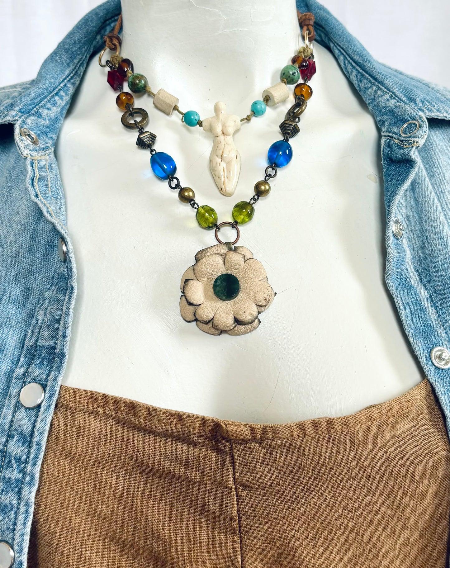 Double Strand leather & Glass Bead Boho Flower necklace