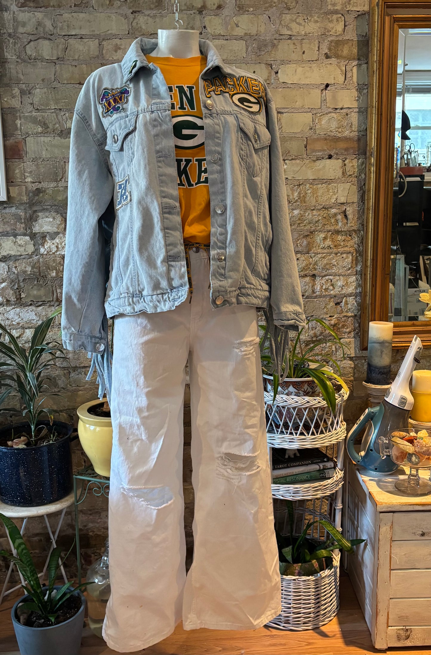 Reworked Vintage Boho Fringe Game Day Denim Jean Jacket