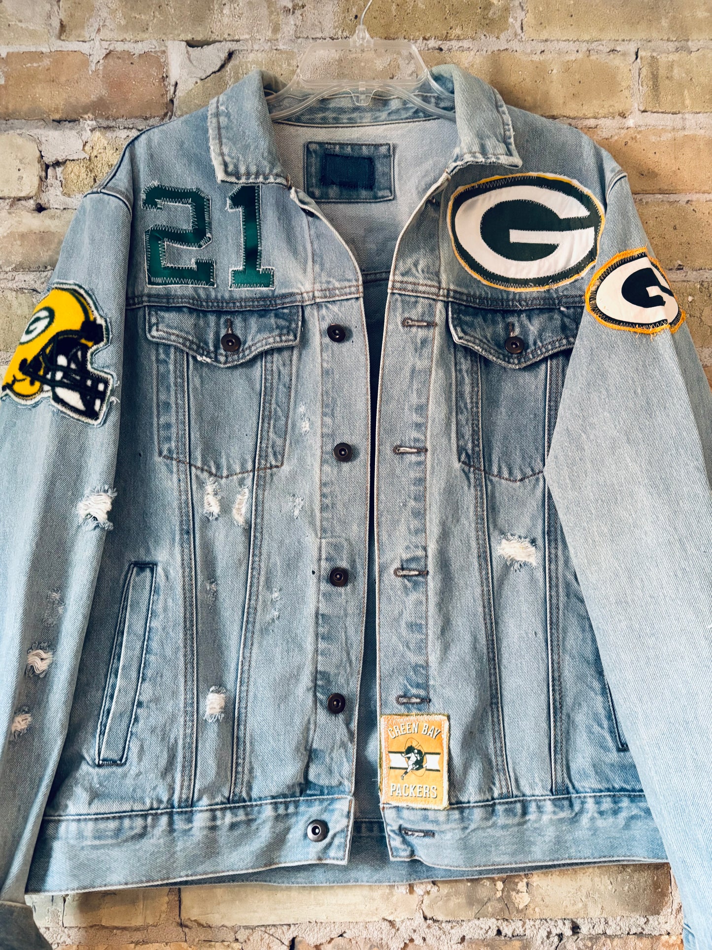 Reworked Retro distressed Game Day Denim Jean Jacket