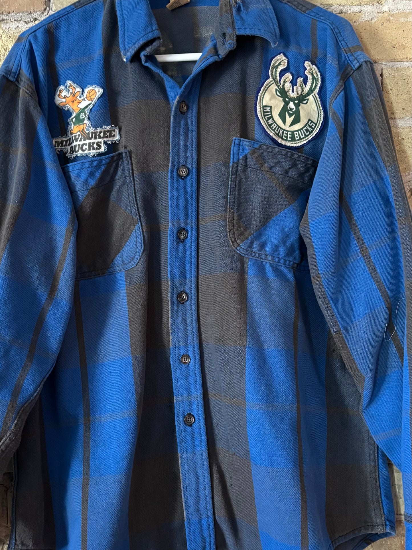 Reworked Bucks Distressed Game Day Flannel Shirt