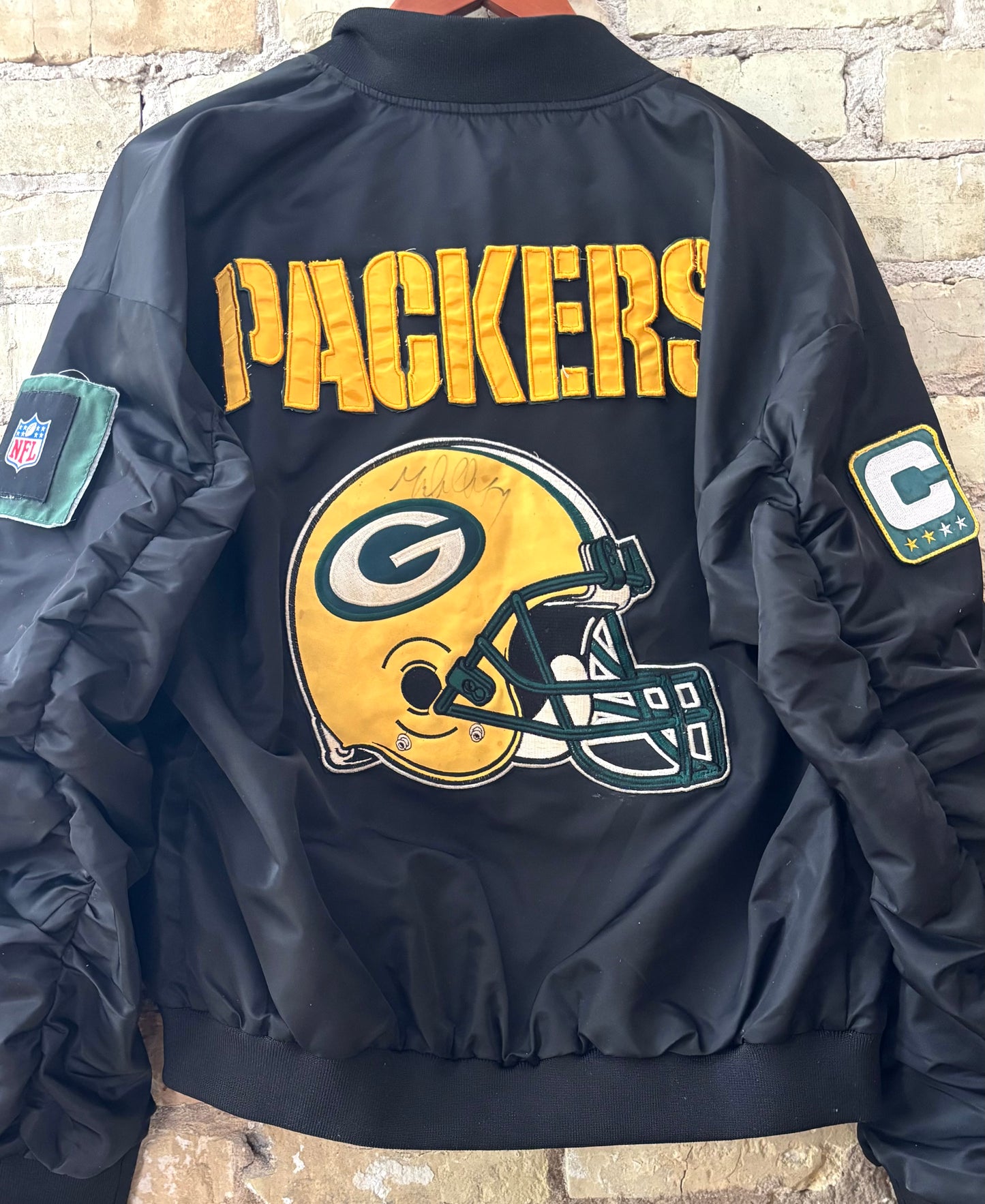 Reworked Green Bay Packers Black Satin Bomber Jacket