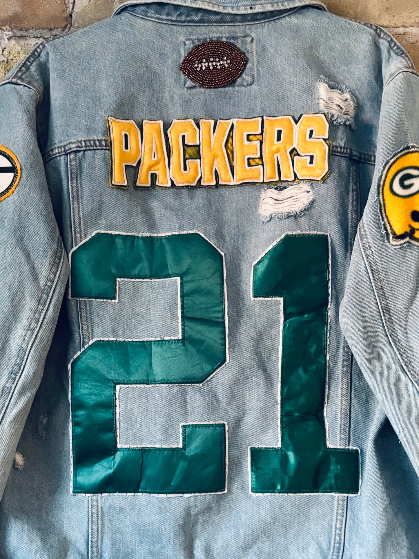 Reworked Retro distressed Game Day Denim Jean Jacket