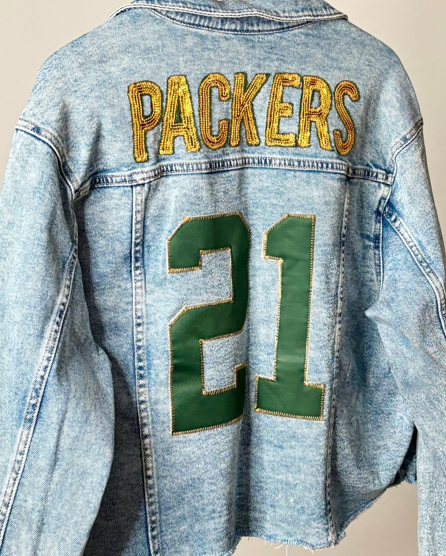 Distressed Game Day Cropped Denim Jean Jacket