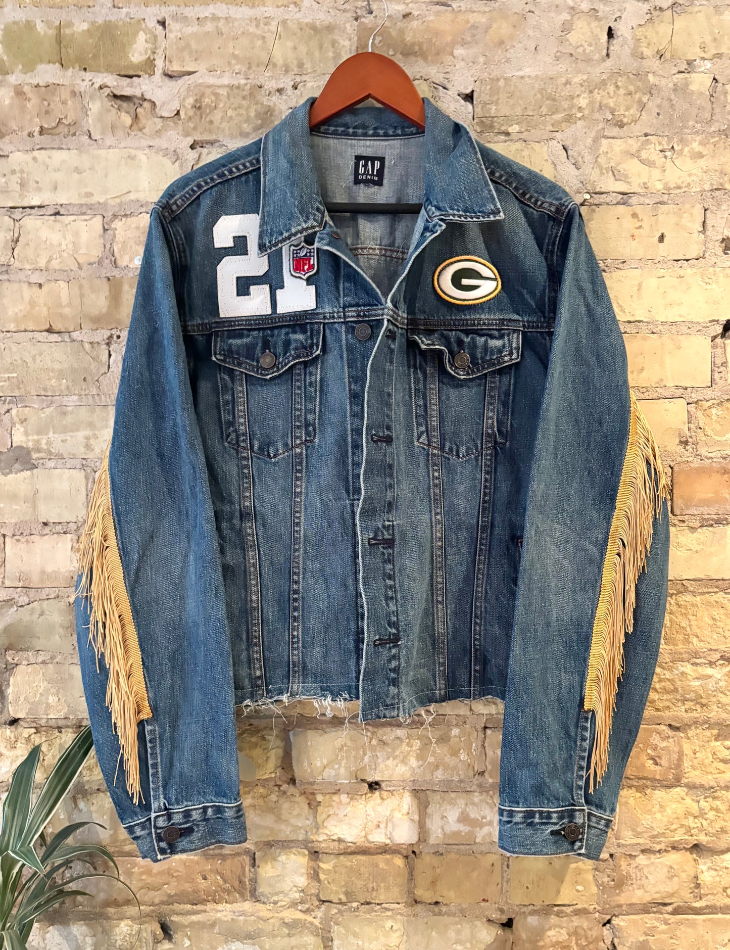 Reworked Distressed cropped Game Day Denim Jean Jacket with Fringe