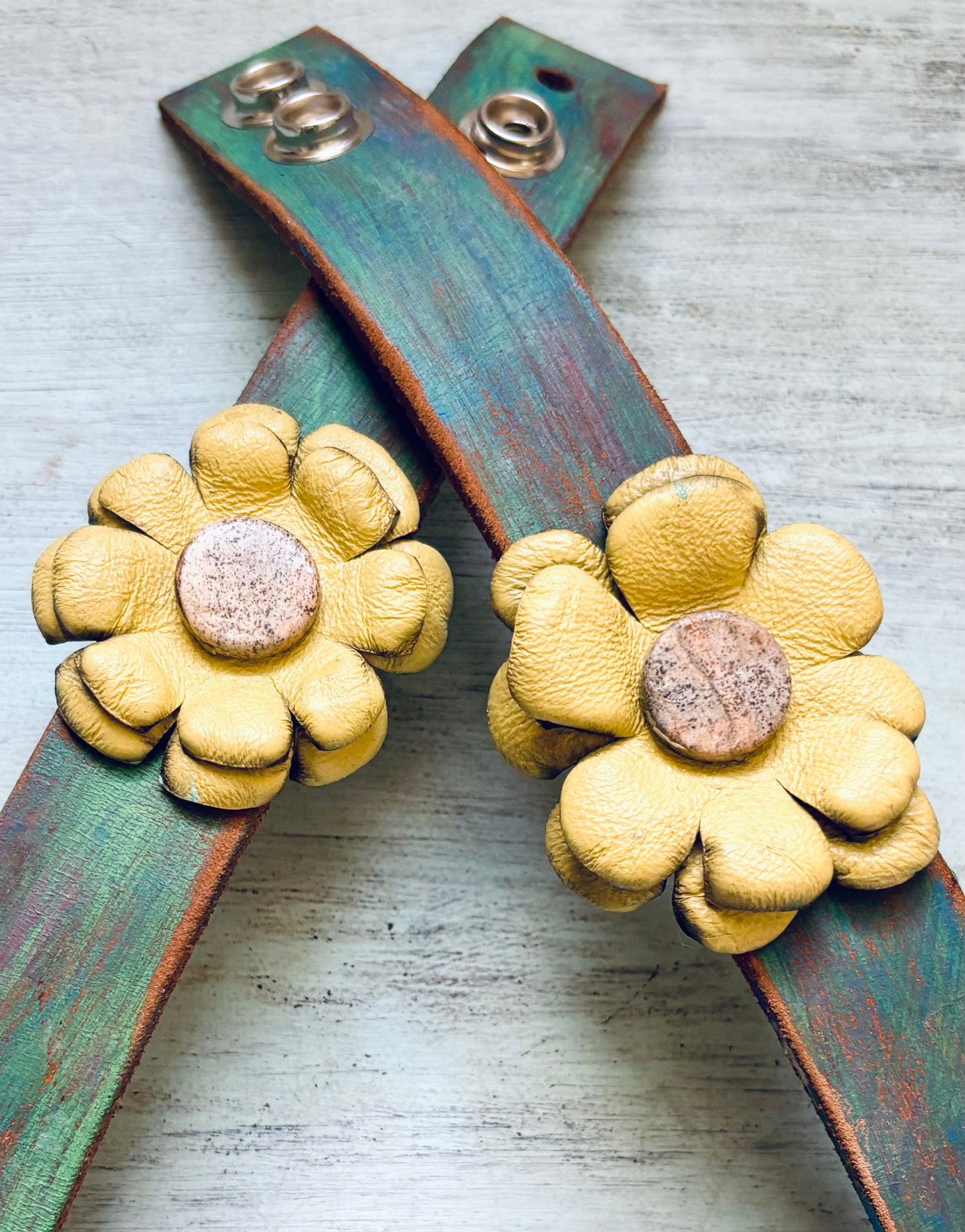 Handmade reworked Leather Flower Bracelet