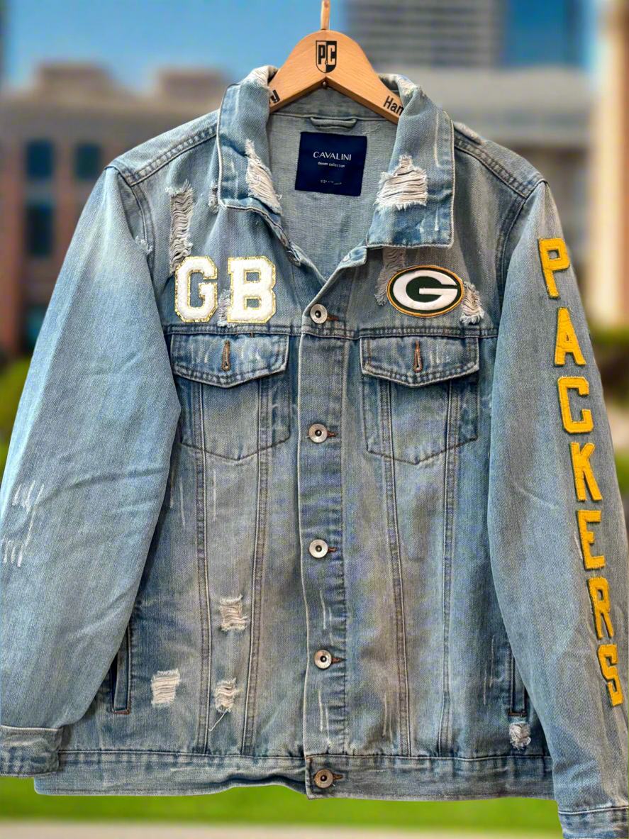 Reworked Packers oversized distressed Game Day Denim Jean Jacket
