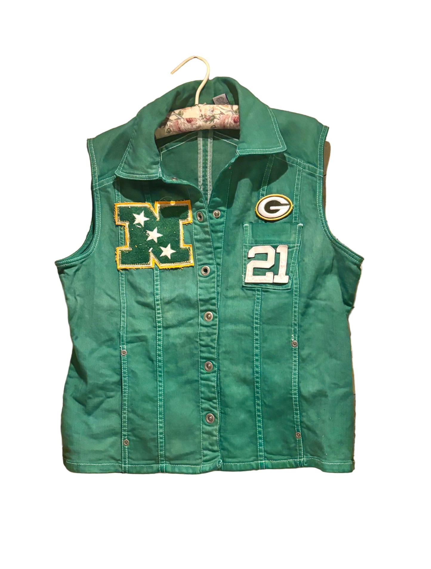 Reworked Packers over dyed Game Day Denim Jean Vest