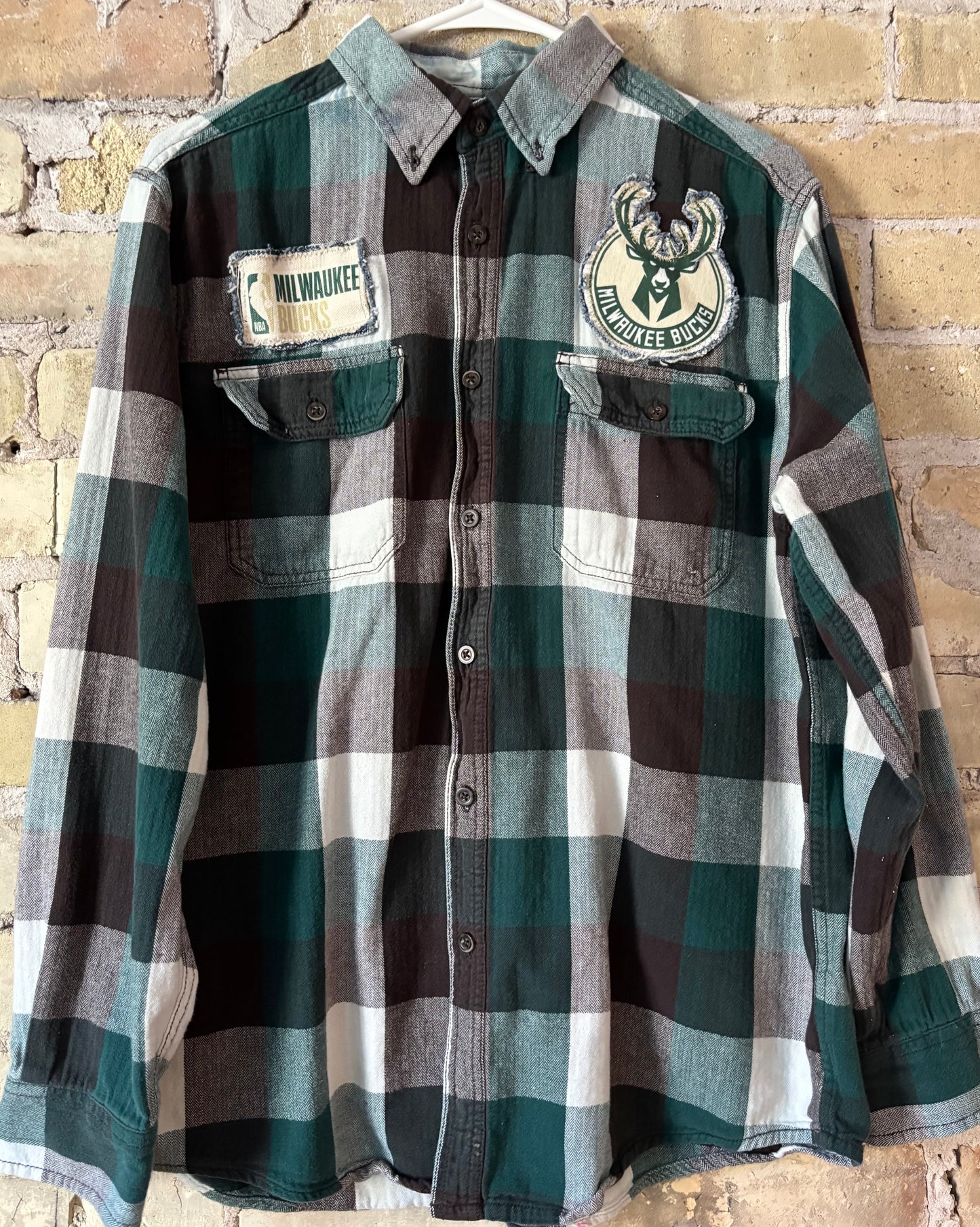 Reworked Bucks Distressed Game Day Flannel Shirt