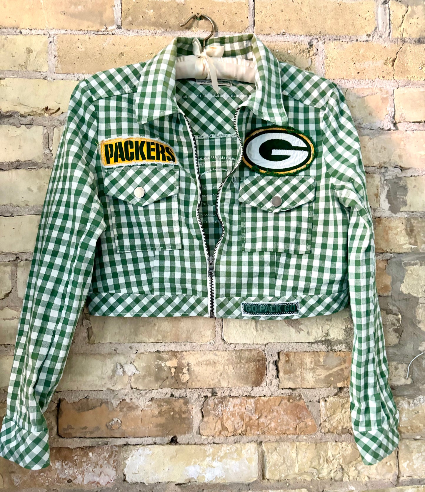Reworked Retro Green Gingham Cropped Game Day Jacket