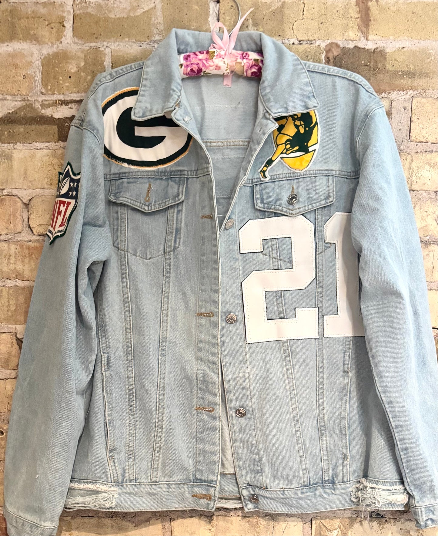Reworked oversized distressed Game Day Denim Jean Jacket