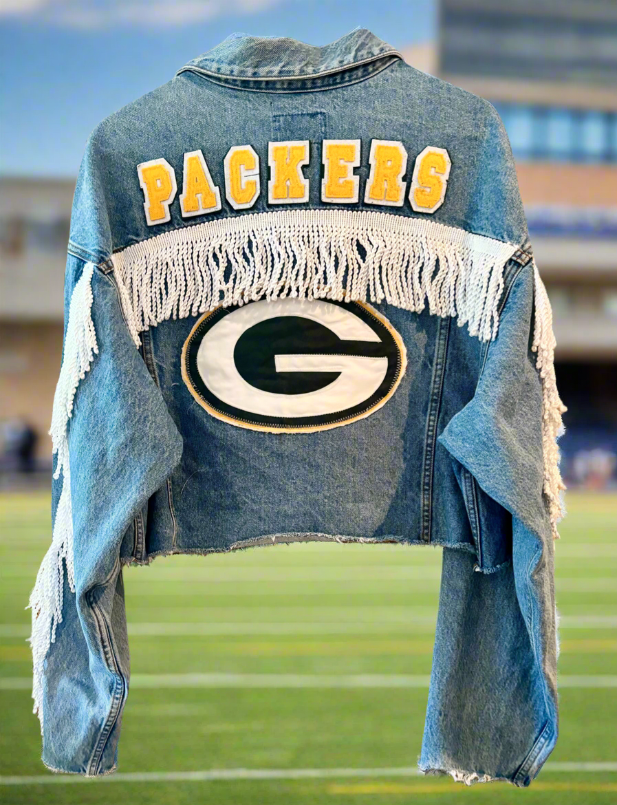 Reworked cropped Game Day Denim Jean Jacket with Fringe