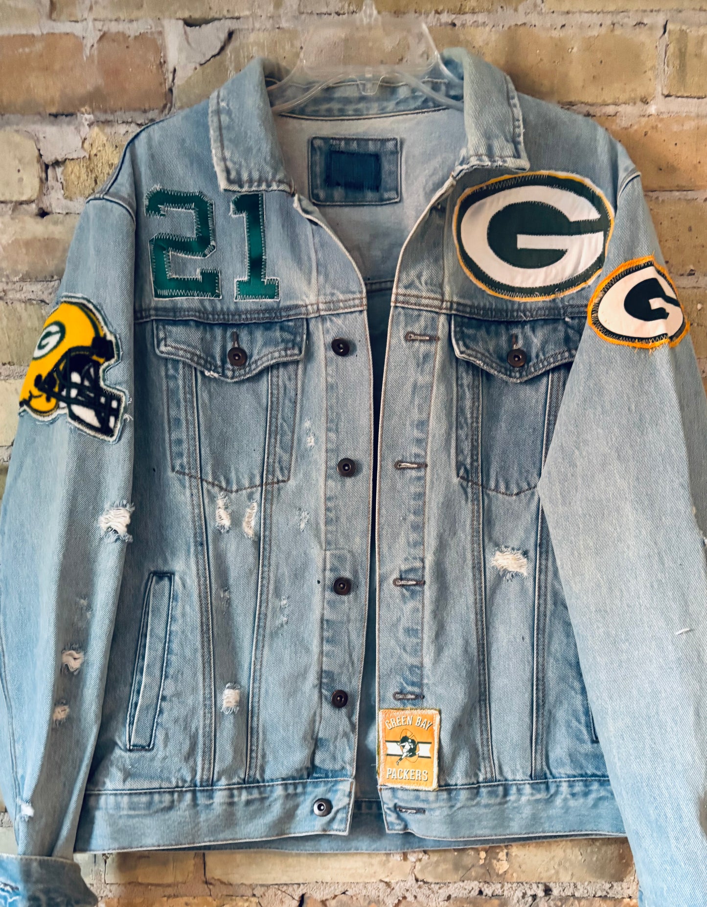 Reworked Retro distressed Game Day Denim Jean Jacket