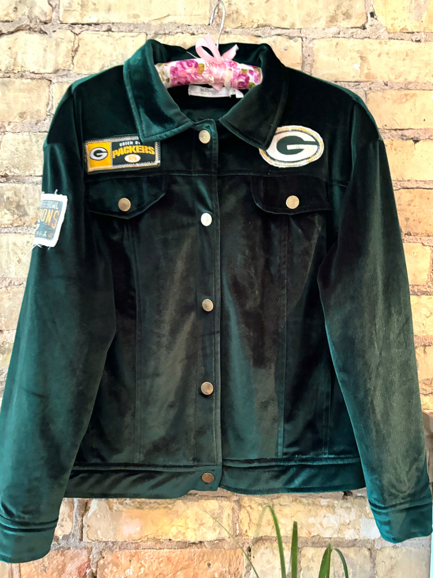 Reworked EmeraldGreen Plush Velvet Packers Game Day Jacket