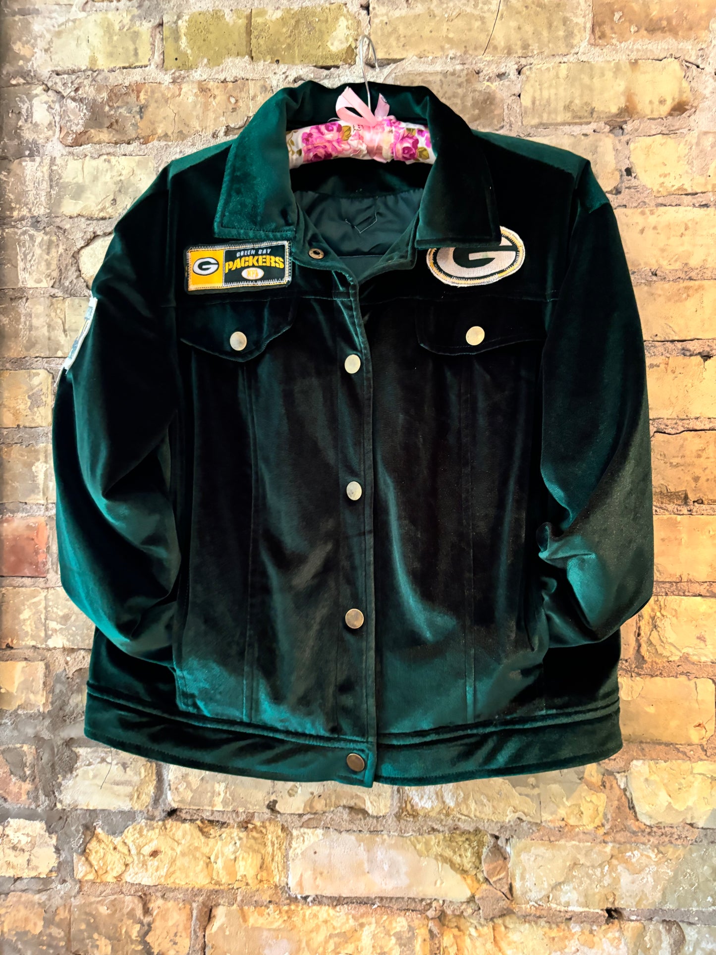 Reworked EmeraldGreen Plush Velvet Packers Game Day Jacket