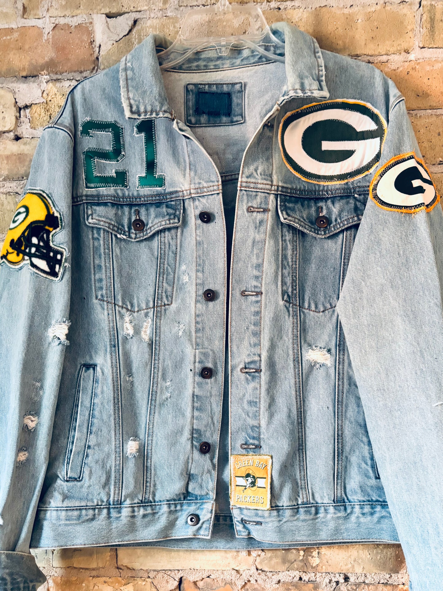 Reworked Retro distressed Game Day Denim Jean Jacket