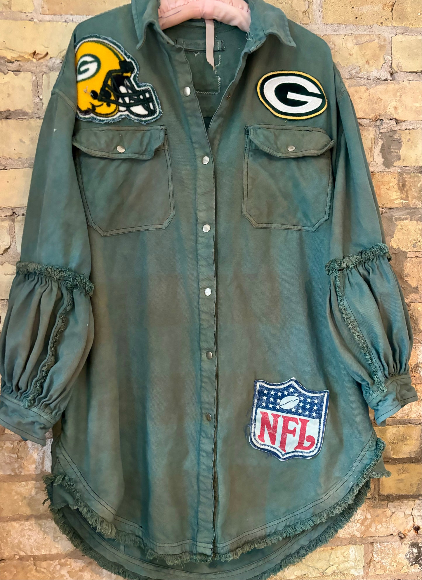 Reworked oversized distressed Game Day Flannel with Pockets