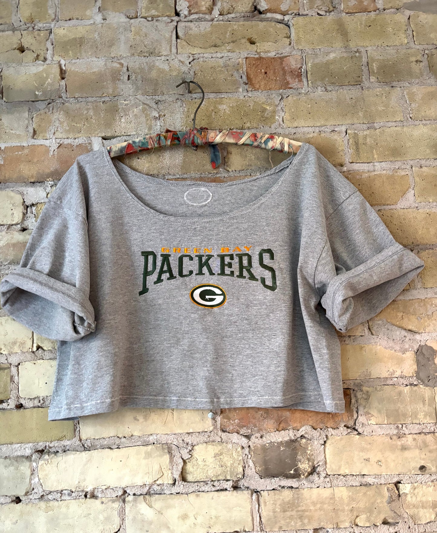 Reworked Packers off the shoulder Retro Crop Top T-shirt