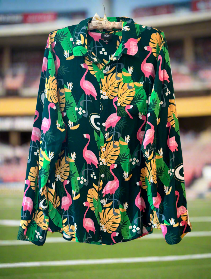 Retro Woman’s Green Bay PACKERS NFL all over Print S/S Flamingo Hawaiian Shirt