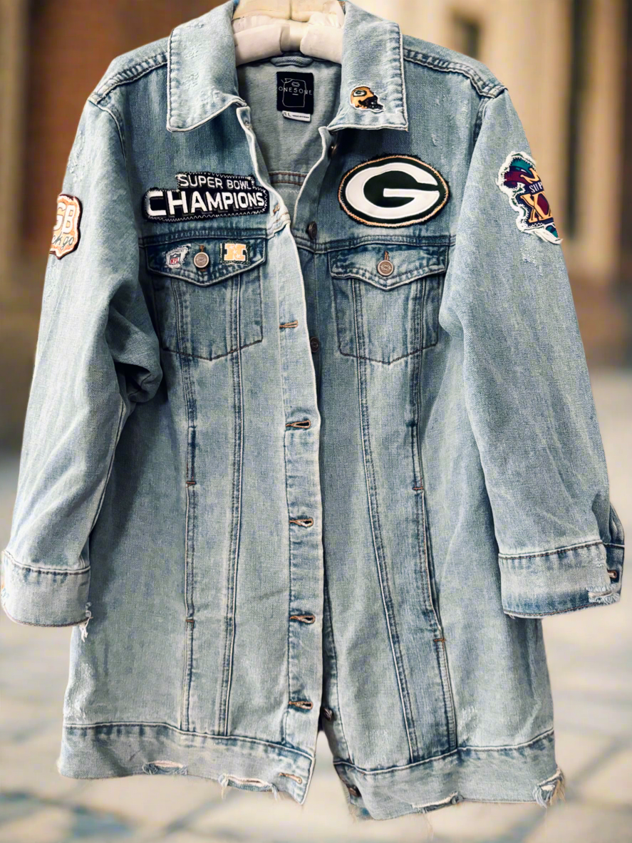 Reworked Packers long Retro Game Day Denim Jean Jacket