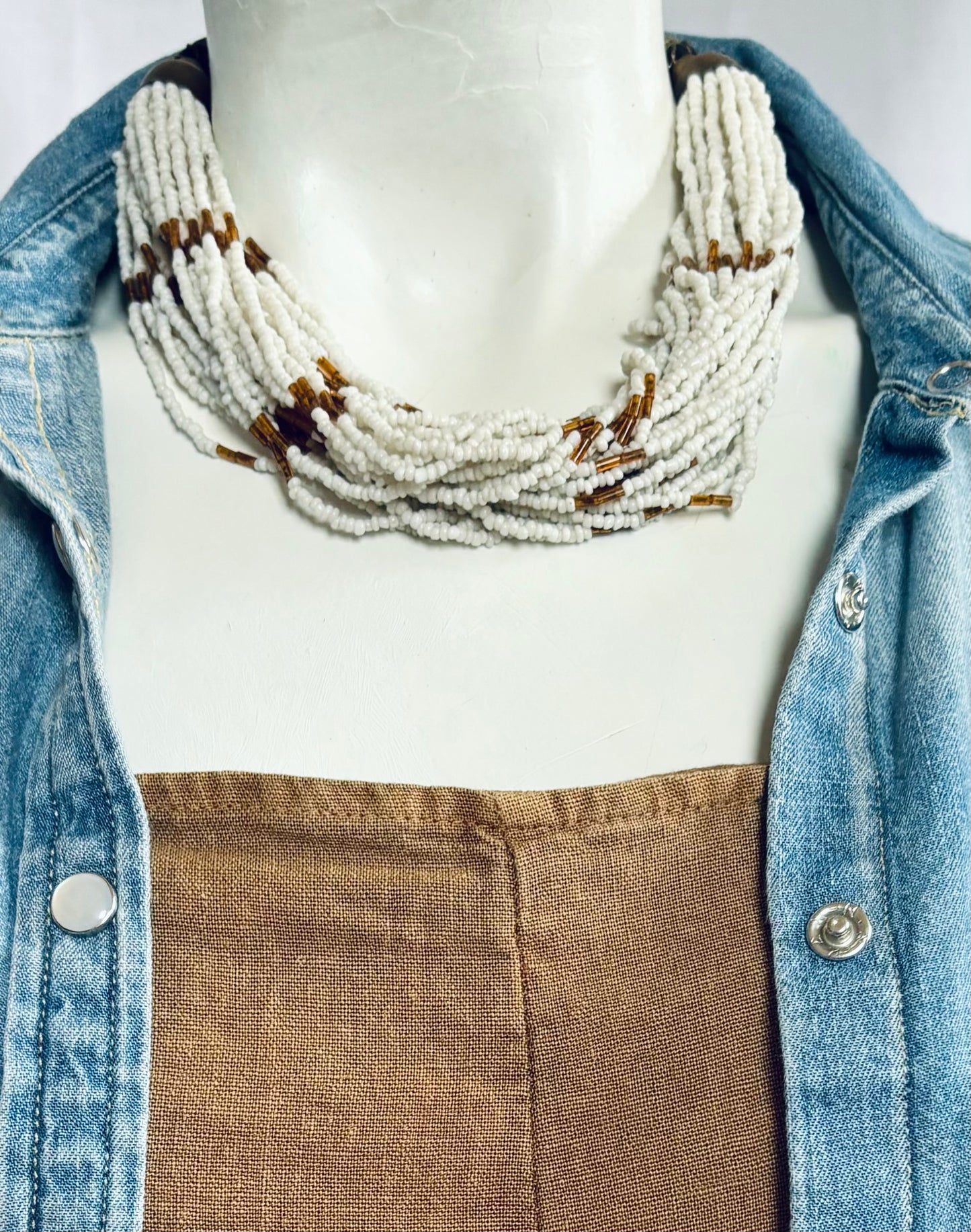 Vintage Chunky Multi strand Seed bead and brass boho Necklace