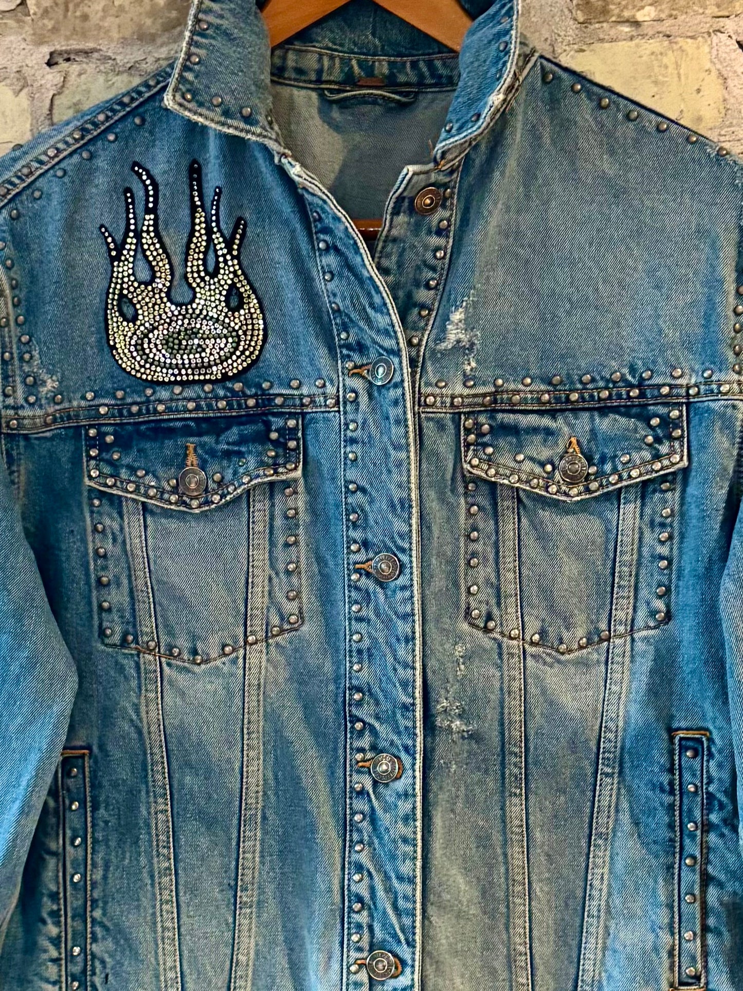 Reworked Sequence & Studs Game day Denim Jacket