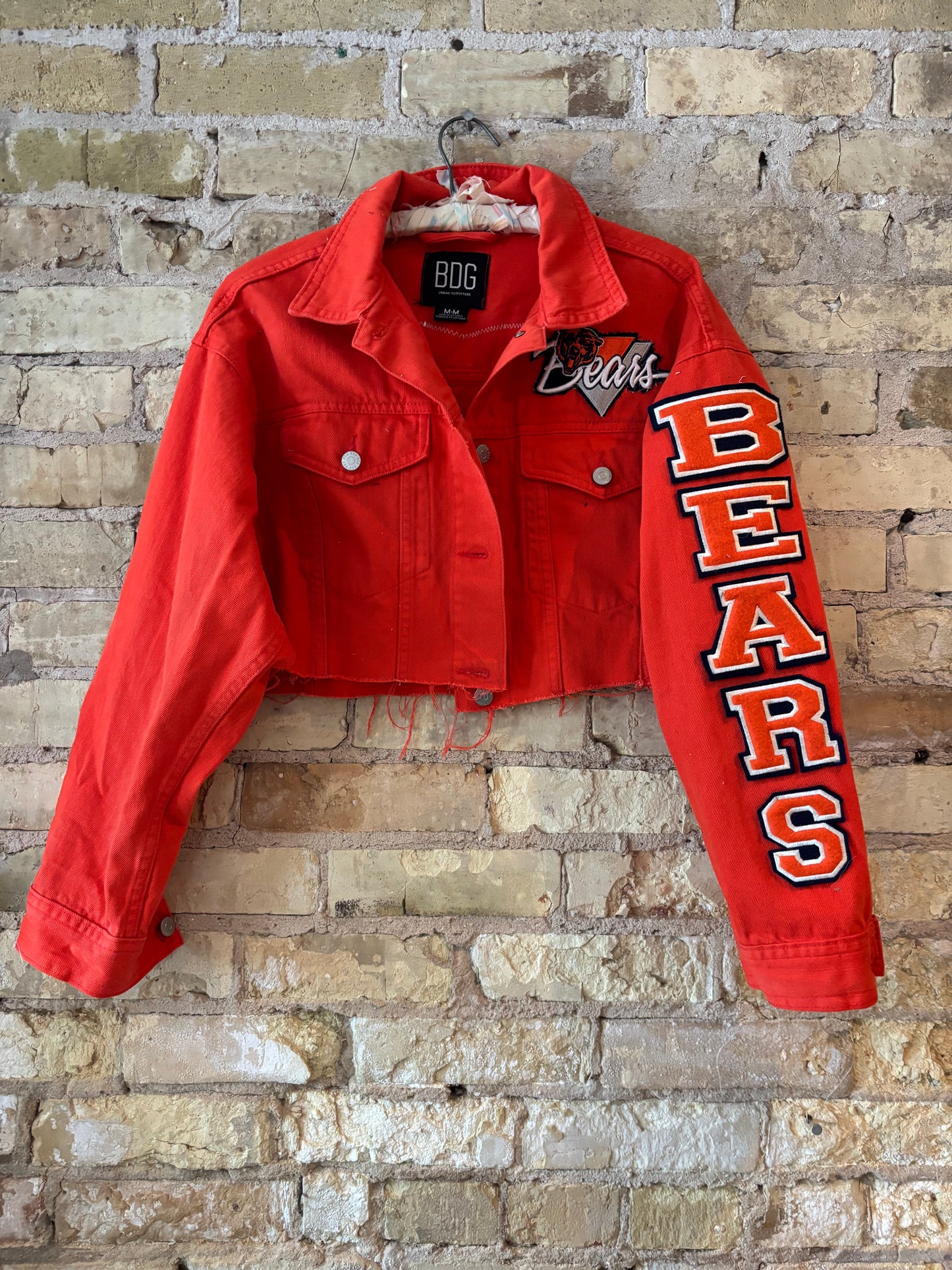 Reworked Over Dyed Game Day Cropped Denim Jean Jacket