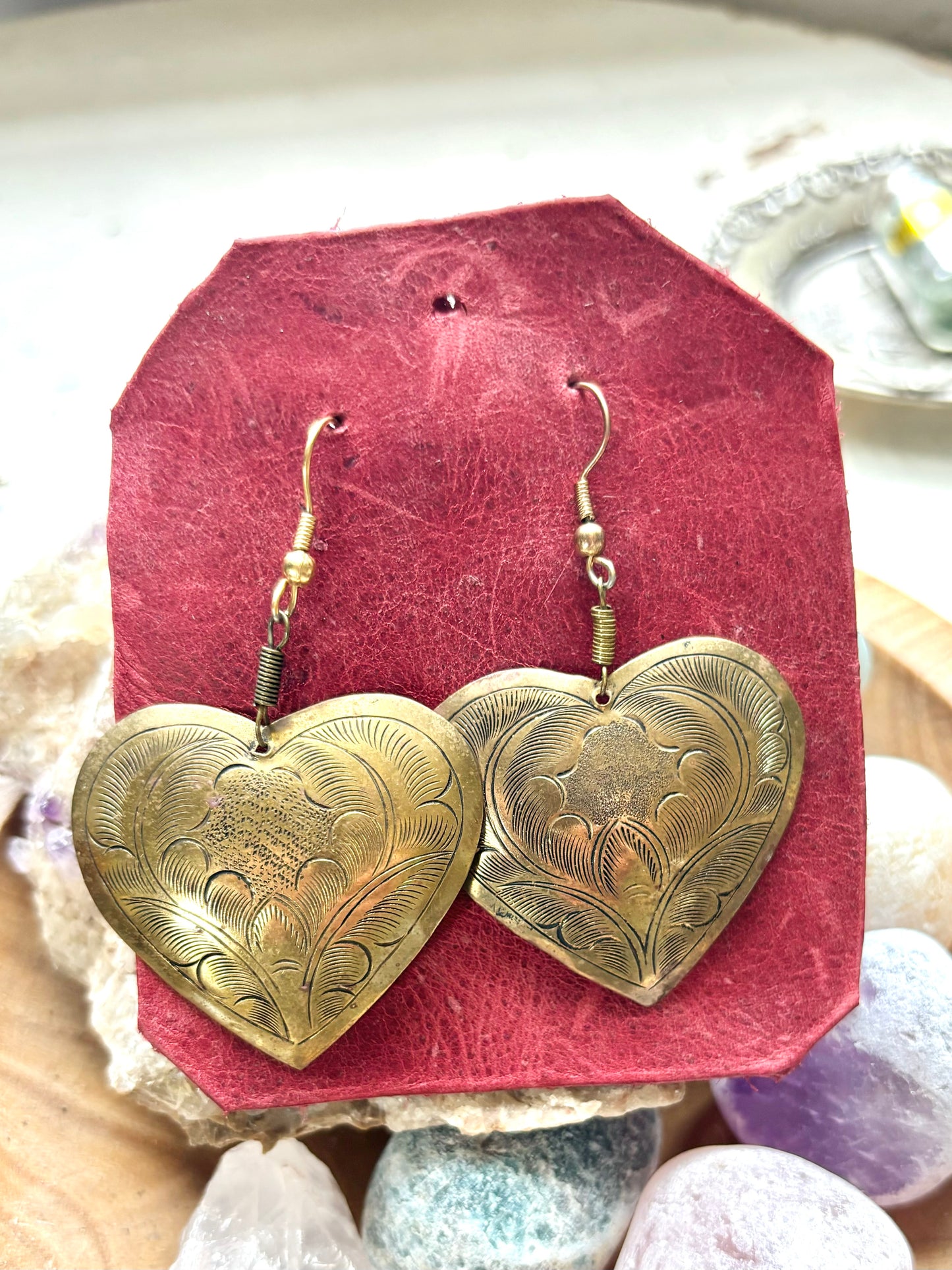 Vintage etched brass floating heart Earrings