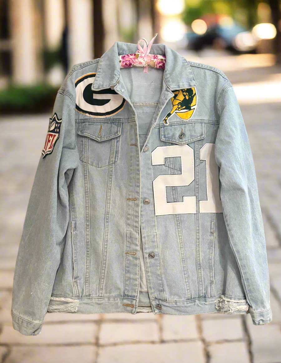 Reworked oversized distressed Game Day Denim Jean Jacket