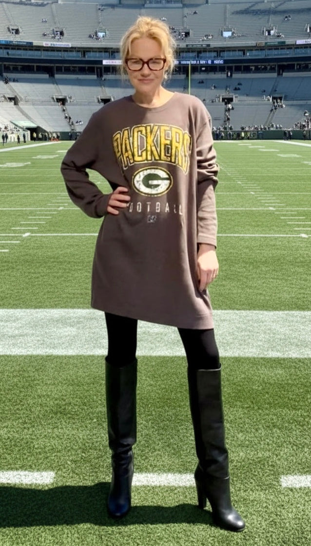 sage green casual dress Oversized Vintage Packers Long sleeve T-shirt Mini Dress – Fioregb