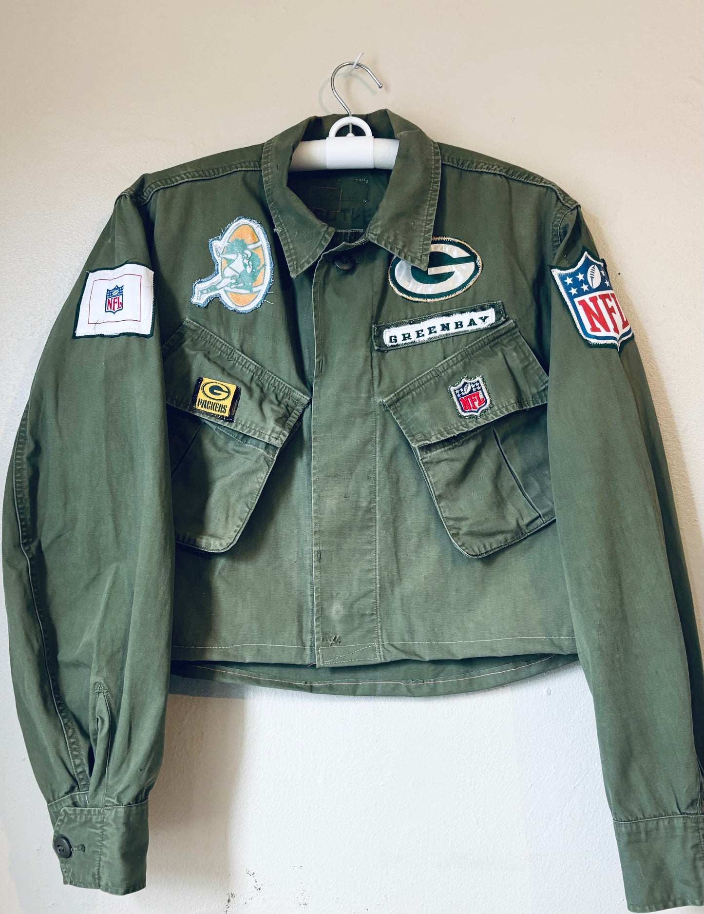 Reworked vintage Military Cropped Game Day Jacket