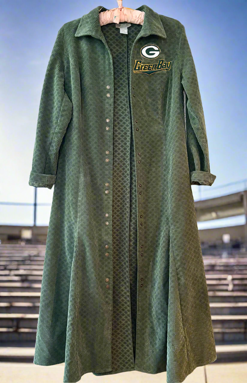 Reworked Packers Retro Corduroy Game Day Maxi Duster Dress /Jacket