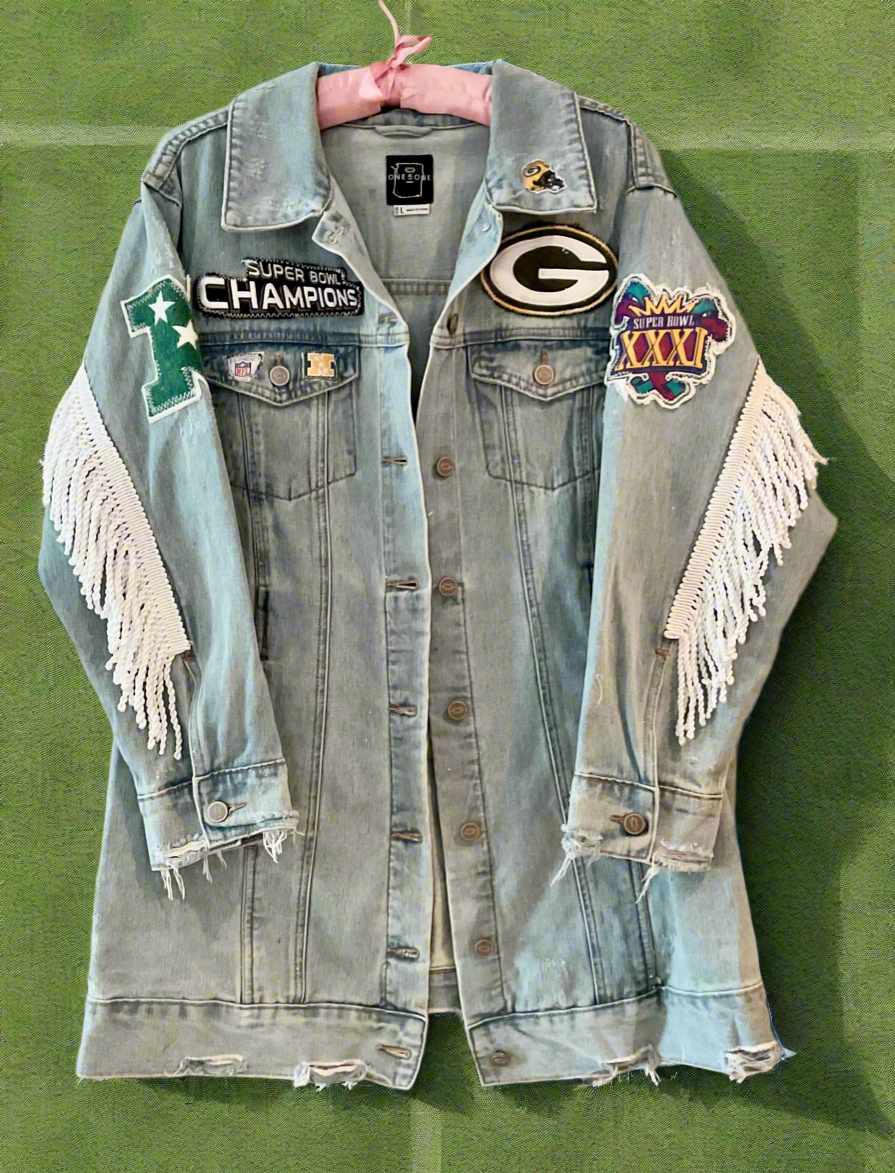 Reworked Oversized Game Day Denim Jean Jacket with Fringe