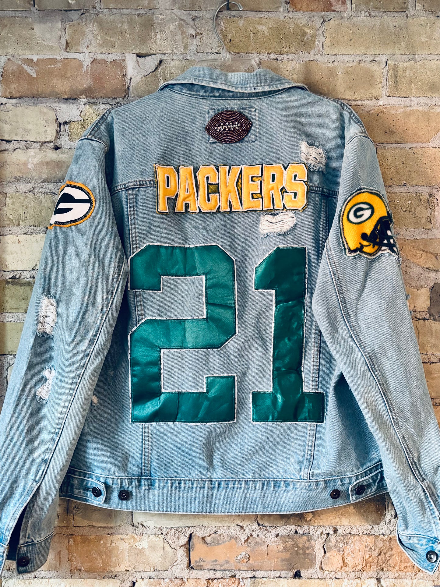 Reworked Retro distressed Game Day Denim Jean Jacket