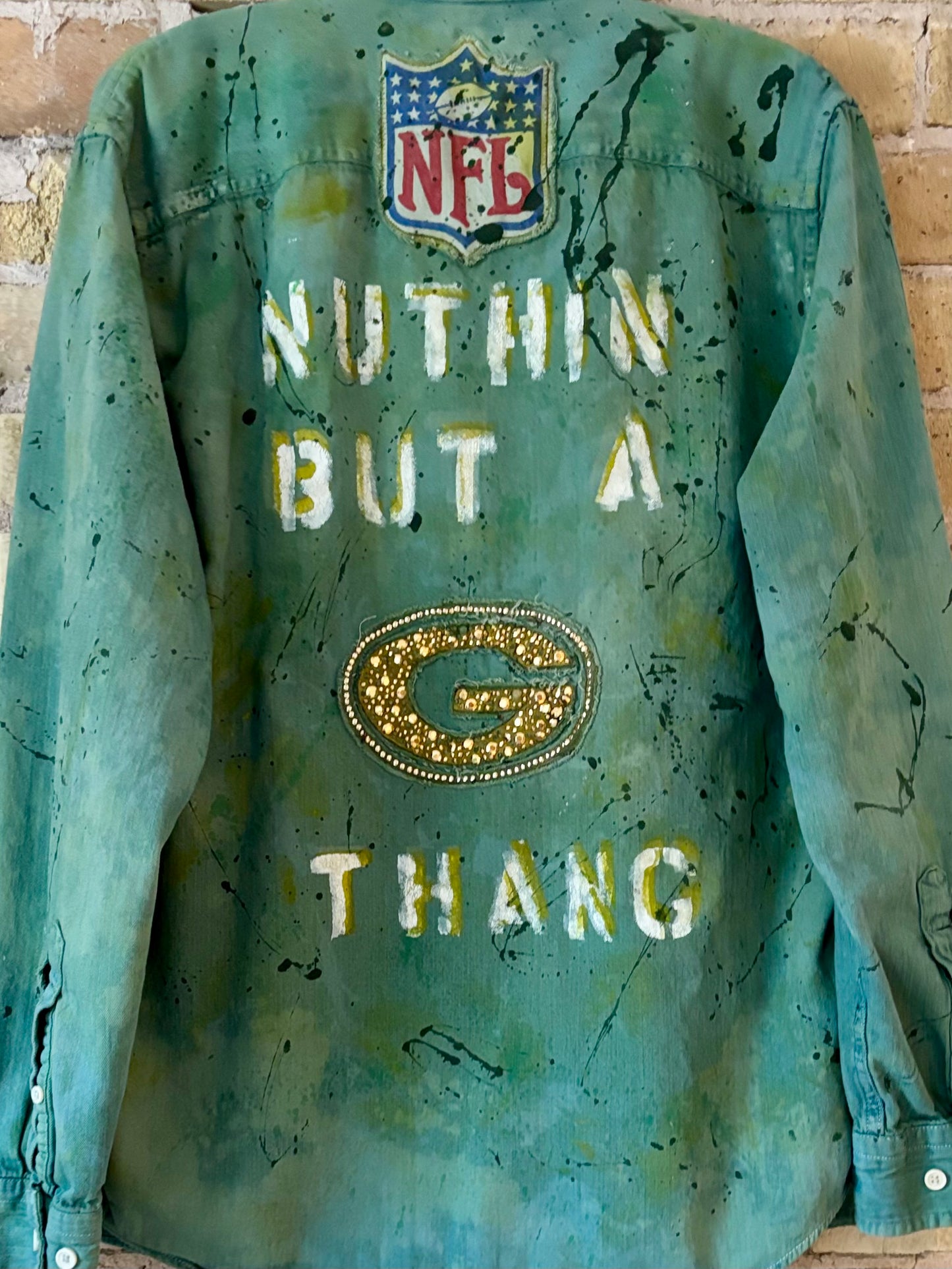 Reworked Retro over dyed Splattered Game Day Denim Jean Shirt
