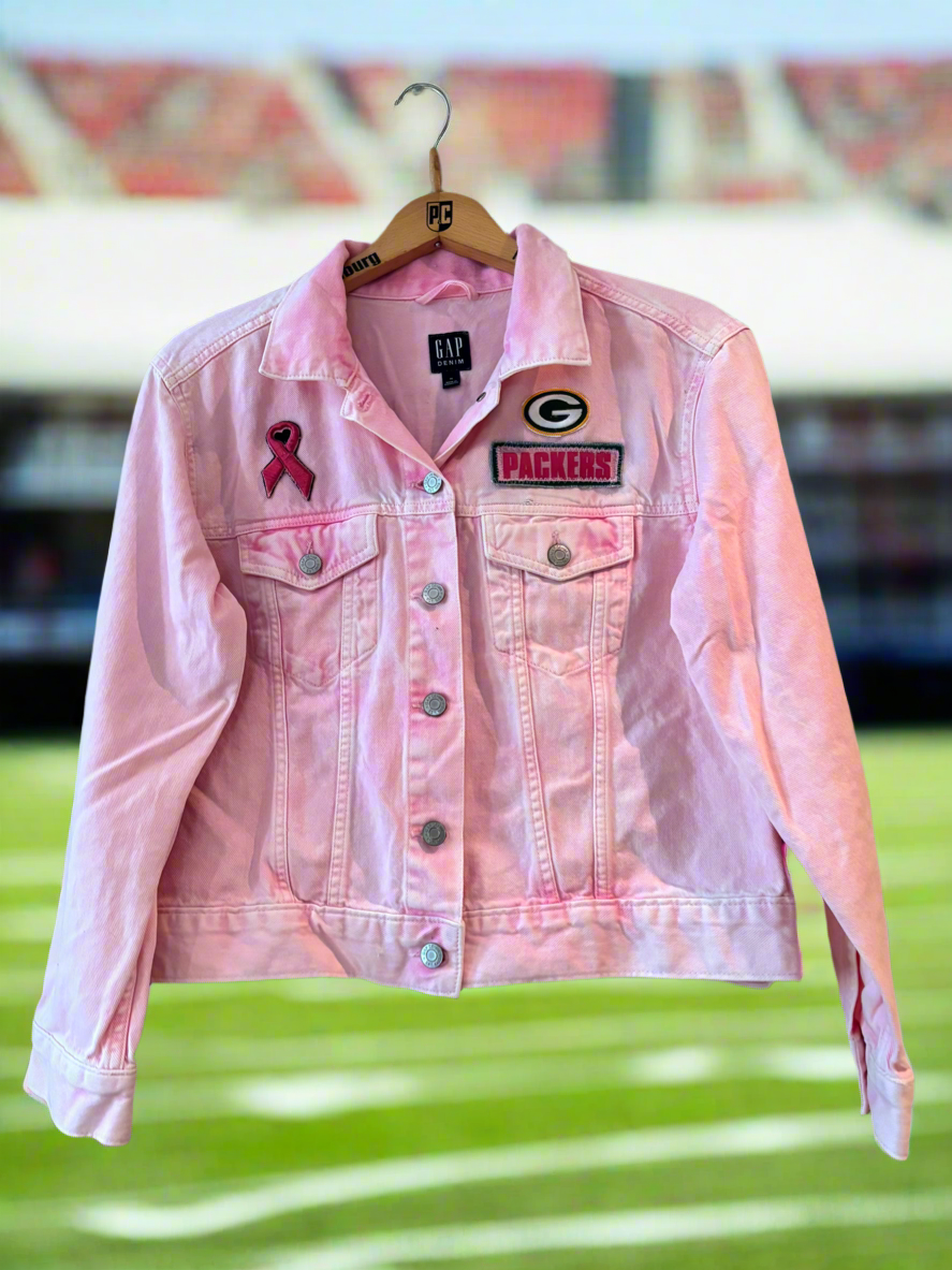 Reworked overdyed Retro Game Day Breast Cancer Awareness Denim Jean Jacket