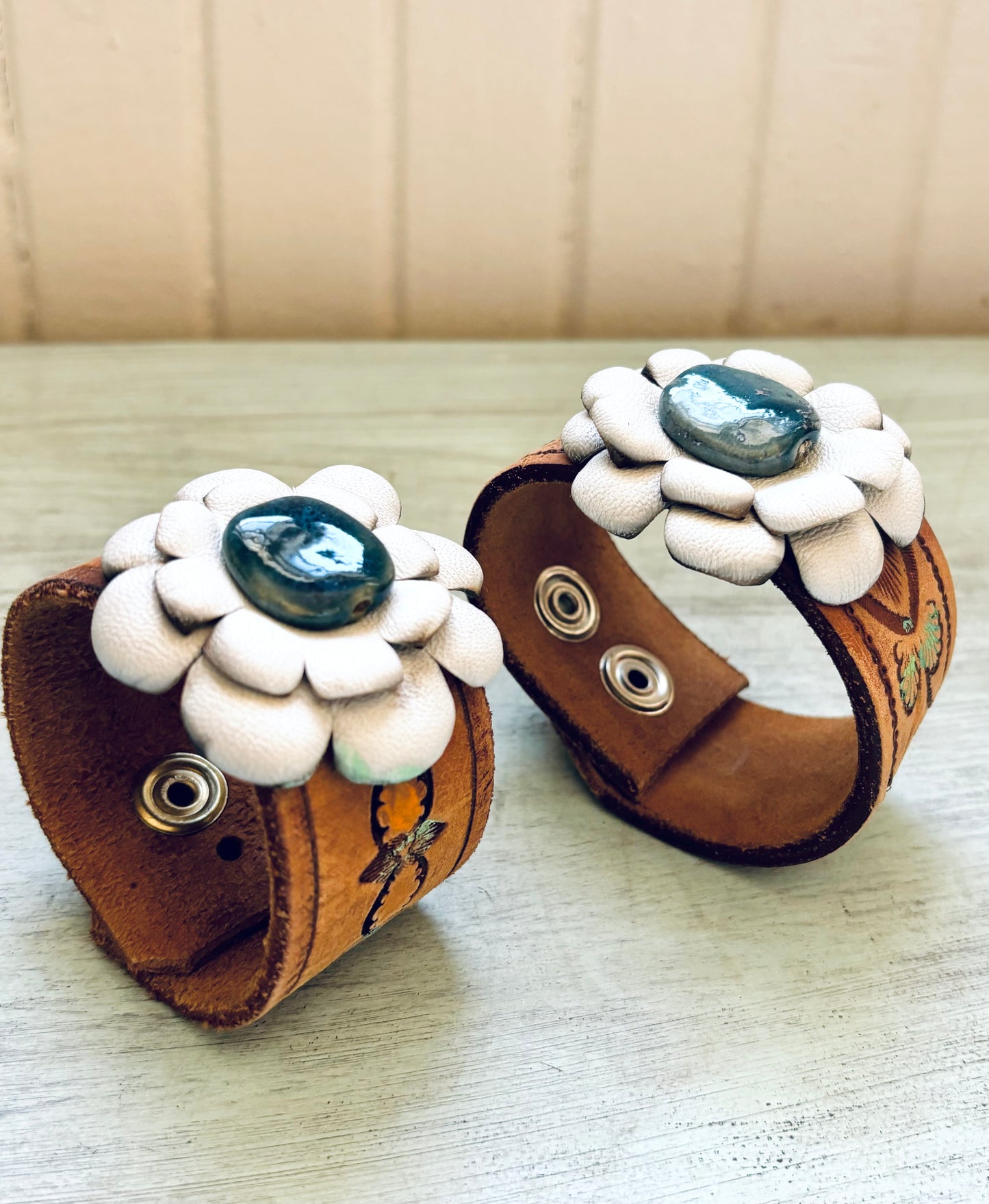 Hand Tooled Reclaimed Leather Flower Bracelet