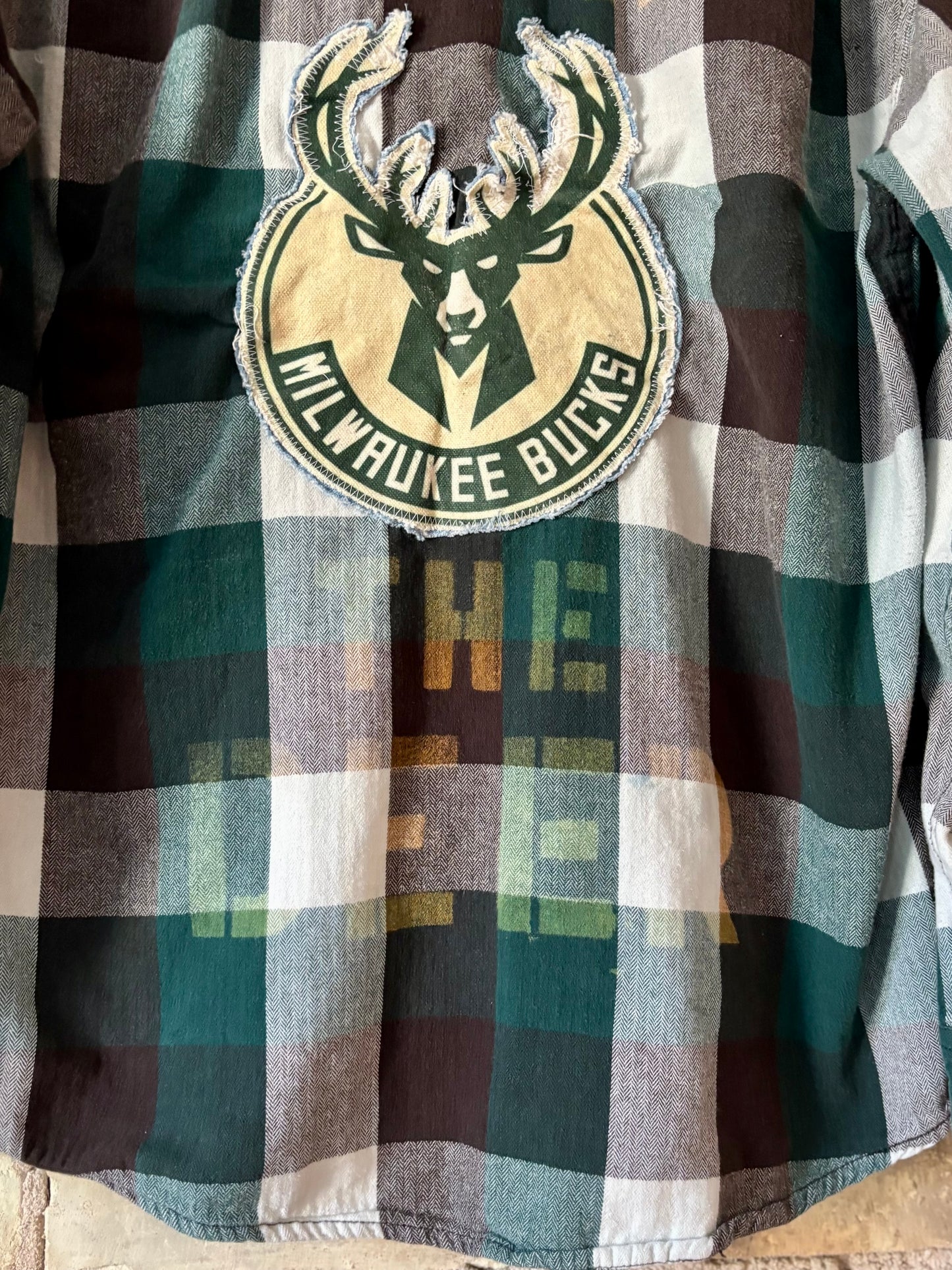 Reworked Bucks Distressed Game Day Flannel Shirt