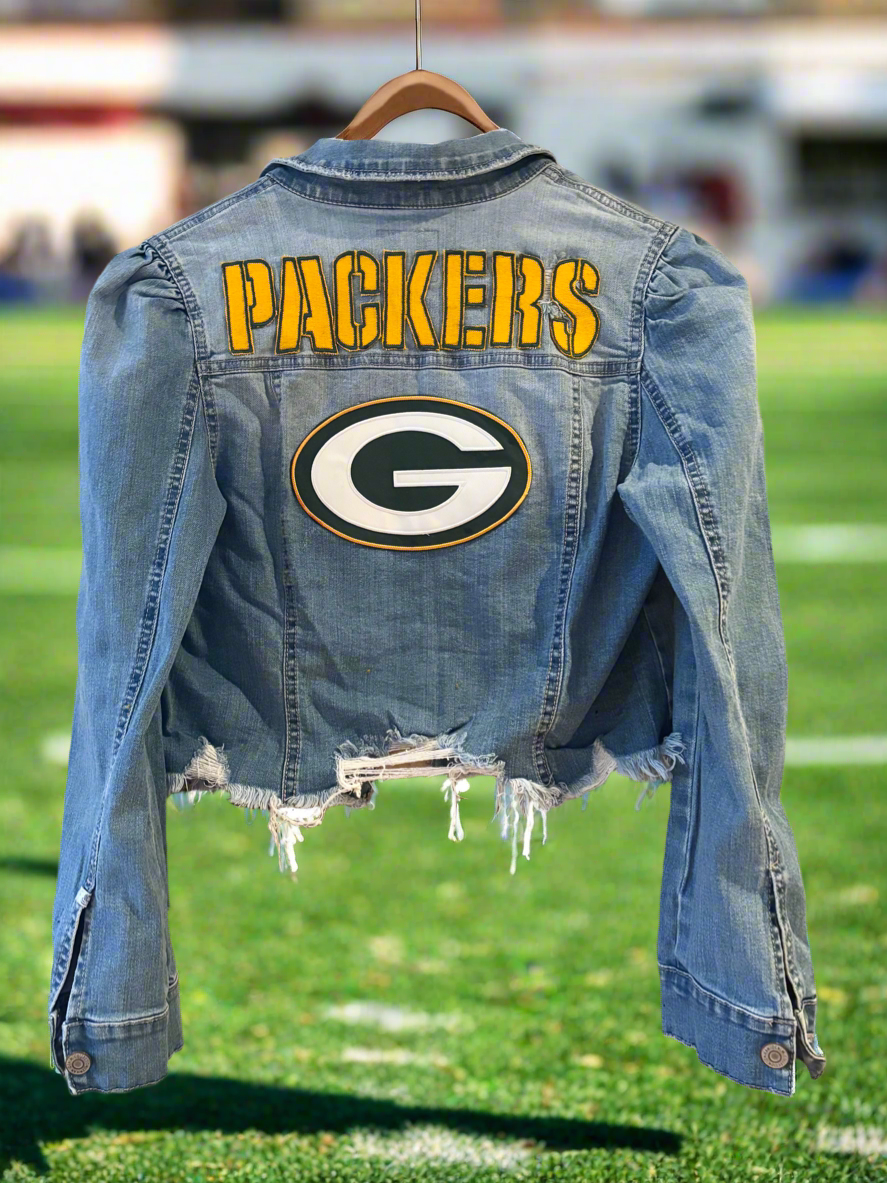 Reworked cropped and Distressed Game Day Denim Jean Jacket
