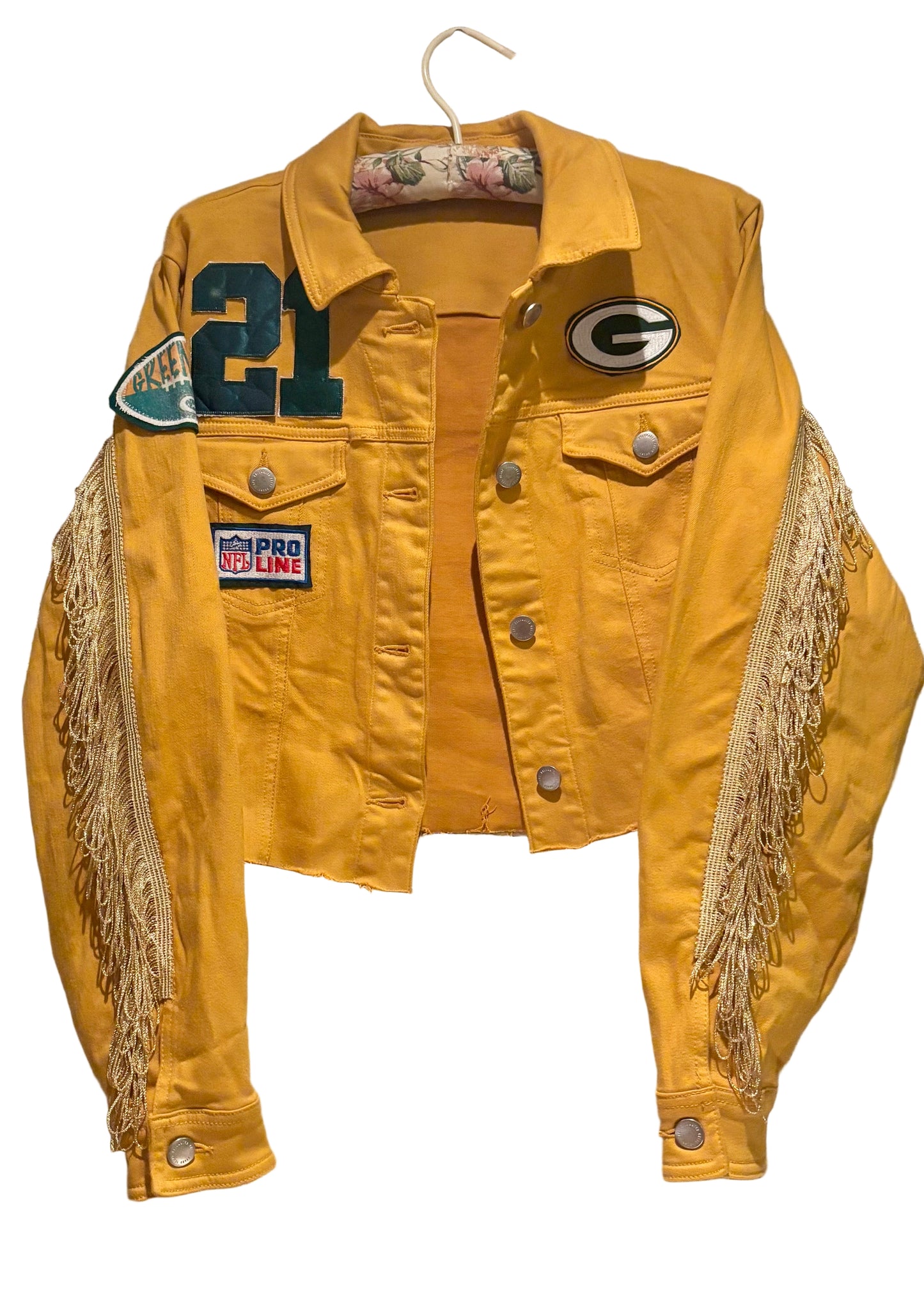 Reworked Packers over dyed Game Day Denim Jean Jacket with Fringe
