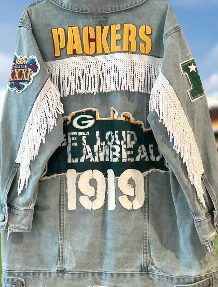 Reworked Oversized Game Day Denim Jean Jacket with Fringe
