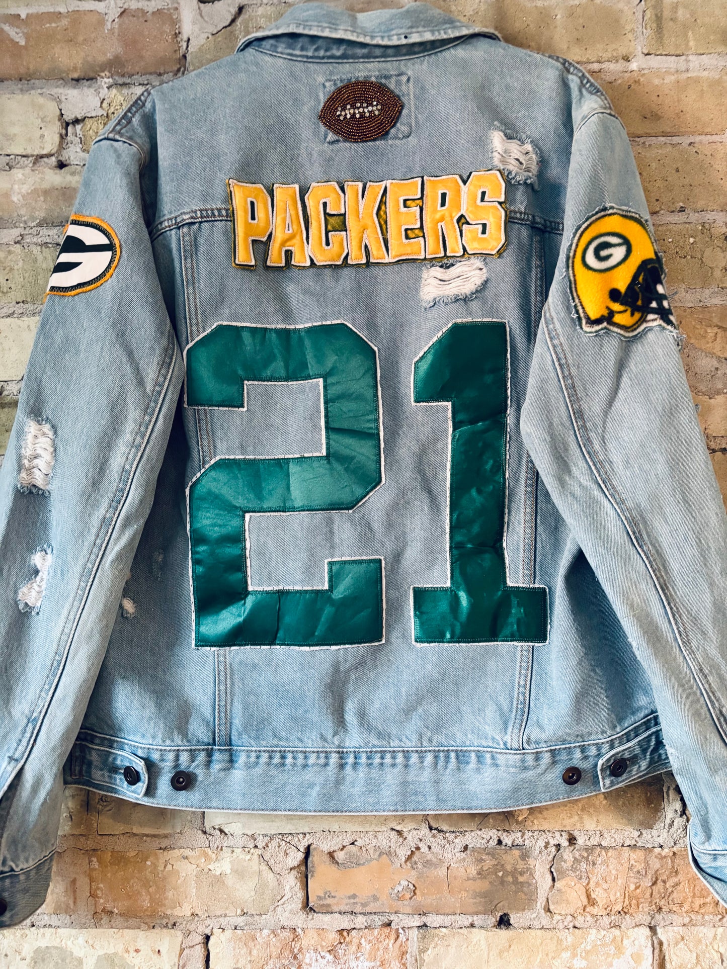 Reworked Retro distressed Game Day Denim Jean Jacket
